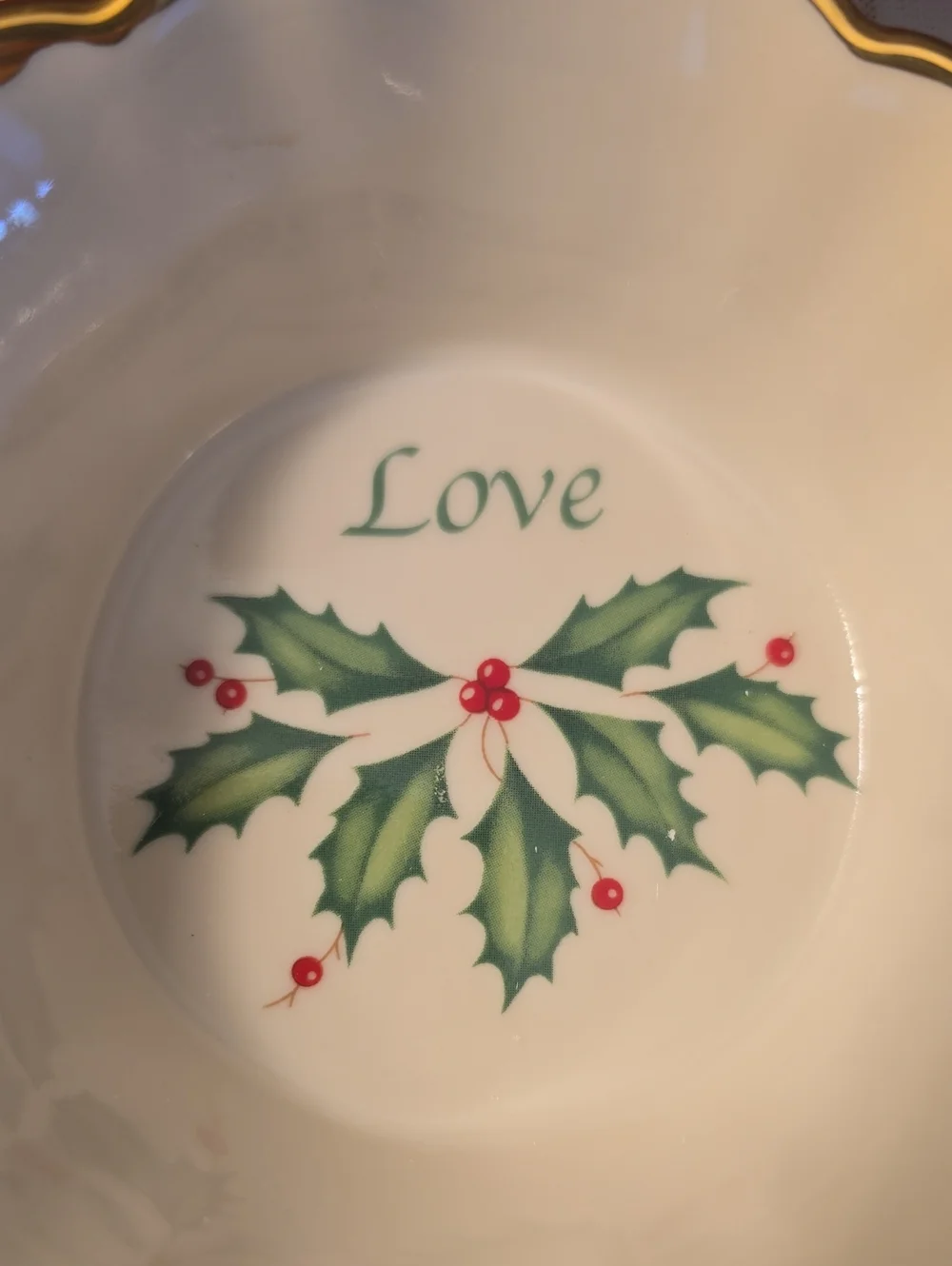 Lenox 'Love' Holiday Scalloped Trinket Bowl - White & Green Holly, Gold Trim